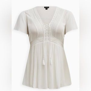 NWT Size 5X, Babydoll Crinkle Gauze Crochet Inset Lace-Up Top